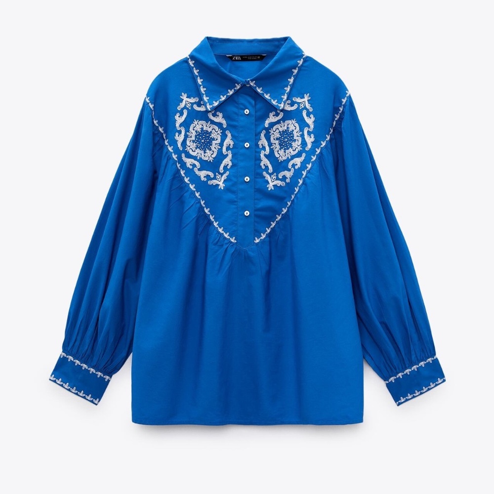NWT ZARA Royal Blue shirt with Embroidery & Beading Size M